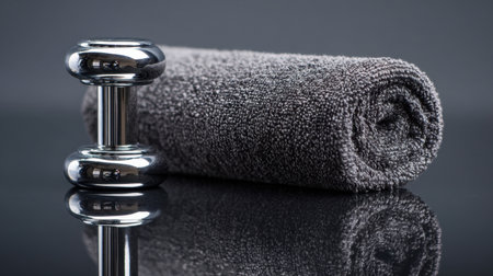 A sleek dumbbell alongside a rolled towel creates a striking visual for fitness enthusiasts, capturing the essence of strength training and healthy lifestyle motivation.の素材