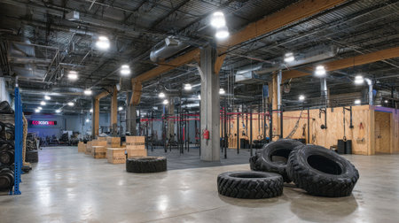 Explore a modern gym interior designed for fitness enthusiasts, showcasing open spaces, weights, tires, and ample lighting for an energetic workout environment.の素材