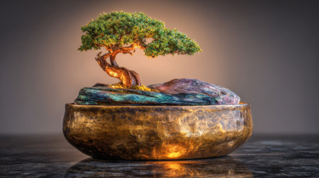 A stunning bonsai tree rests in a beautifully crafted bowl, with gentle lighting that accentuates its vibrant leaves and artistic design, ideal for home decor and nature lovers.の素材