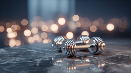 A close-up image of a metal dumbbell on a sleek marble surface, illuminated by soft blurred lights, symbolizing strength training and fitness motivation.の素材
