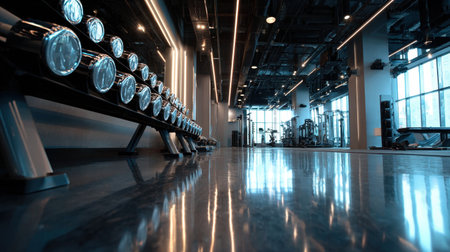 A modern gym interior offers a stylish and spacious environment with dumbbells, large windows, and sleek lighting, perfect for a motivating workout experience.の素材