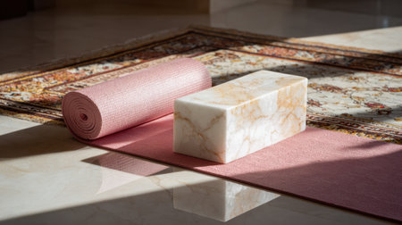 A tranquil indoor scene featuring a yoga mat rolled out beside a marble block, bathed in gentle sunlight, ideal for relaxation, mindfulness, and personal wellness activities.の素材