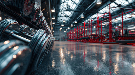 An inspiring view of chrome dumbbells lined up in a modern gym, showcasing a sleek and inviting exercise space filled with natural light, perfect for fitness enthusiasts and athletes.の素材