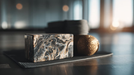 A sophisticated image featuring a beautifully patterned marble block alongside a golden decorative sphere and textured fabric, creating a serene and stylish ambiance.の素材