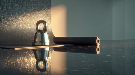 A serene fitness environment showcases a dumbbell and yoga mat beside reflective surfaces, emphasized by soft natural lighting, ideal for promoting relaxation and wellness practices.の素材