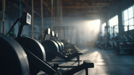 An atmospheric scene of a gym featuring rowing machines bathed in sunlight, capturing the essence of fitness and tranquility in an industrial space.の素材
