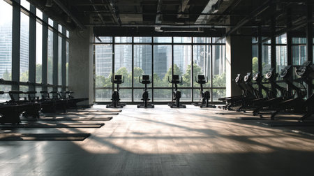 A modern fitness studio featuring rowing machines and exercise equipment. Large windows allow natural light to illuminate the space, creating an inspiring workout environment.の素材