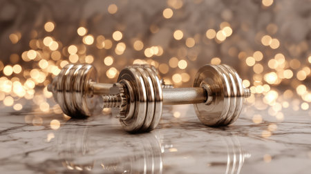 A stunning dumbbell rests on a marble surface, surrounded by exquisite golden bokeh lights. This image captures the essence of a passionate fitness journey and strength training.の素材