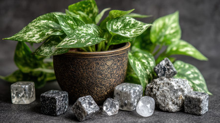 A beautiful indoor plant in a rustic pot, complemented by thoughtfully arranged decorative stones. Ideal for nature-themed designs or home decor projects.の素材