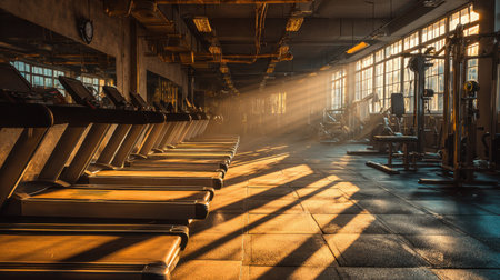 A tranquil gym scene capturing early morning light filling the space and highlighting the equipment, creating an inspiring atmosphere for fitness lovers and health journeys.の素材