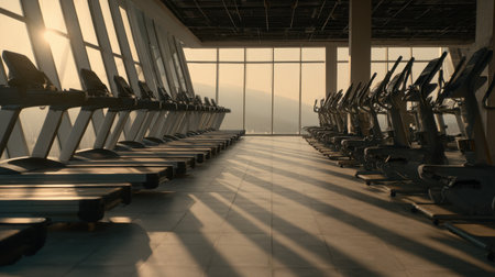 A serene view of a modern gym at sunrise, featuring empty treadmills and warm sunlight casting long shadows across the spacious floor, perfect for fitness inspiration.の素材