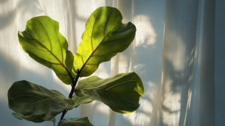 A vibrant fiddle leaf fig is illuminated by soft sunlight, casting intricate shadows through a sheer curtain, creating a tranquil and inviting indoor atmosphere.の素材
