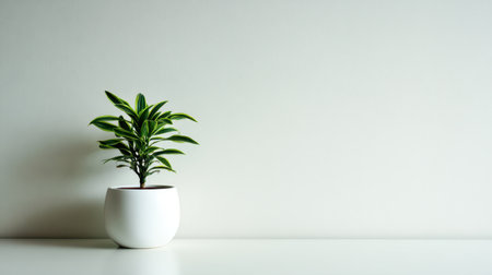 This image features a vibrant indoor plant in a sleek white pot, set against a soft grey backdrop, perfect for enhancing any interior space with a touch of nature and elegance.の素材