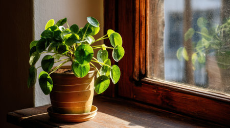 A vibrant indoor plant basking in sunlight near a window enhances the warmth and appeal of the room, making it a perfect addition to any cozy home decor.の素材