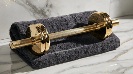 A stylish golden dumbbell rests on a plush towel atop a sleek marble surface, adding a touch of elegance to any fitness space or home gym setup. Ideal for fitness enthusiasts.の素材