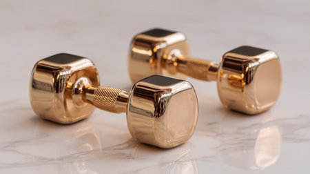 Luxurious gold dumbbells resting on a polished marble surface, perfect for gym enthusiasts seeking stylish and effective fitness solutions to enhance their workout routines.の素材