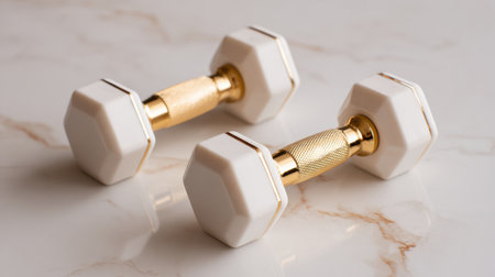 Stylish dumbbells in white and gold resting on a marble surface, showcasing elegance and fitness in one frame, perfect for health and wellness-related projects.の素材
