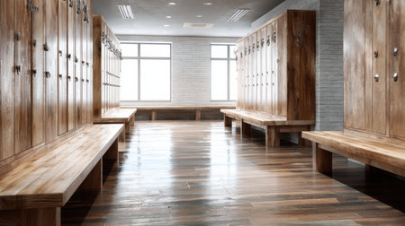 A stylish and contemporary locker room space featuring wooden lockers and benches, designed for comfort and functionality in fitness centers and recreational facilities.の素材