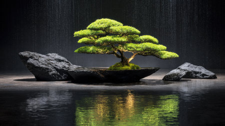 A captivating image of a bonsai tree with vibrant green leaves, gracefully positioned on a rock in still water, creating a serene and tranquil atmosphere perfect for relaxation or meditation.の素材