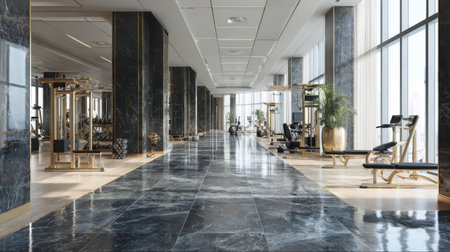 A modern fitness center featuring large windows, marble floors, and high-quality gym equipment, designed for health enthusiasts seeking an inspiring workout environment.の素材