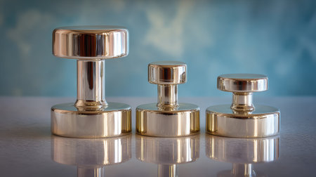 Three metallic dumbbells of different sizes shine brightly on a reflective surface, set against a soft blue background, ideal for fitness or aesthetic applications.の素材
