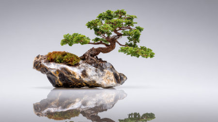 A stunning bonsai tree elegantly perched on a unique rock, capturing the beauty of nature with its vibrant green foliage and peaceful reflection. Perfect for tranquil spaces.の素材