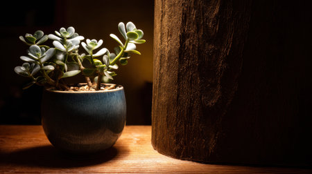 A charming small succulent plant in a blue pot captures the warm light and complements the rustic wooden surface, enhancing the serene indoor atmosphere ideal for home decor.の素材