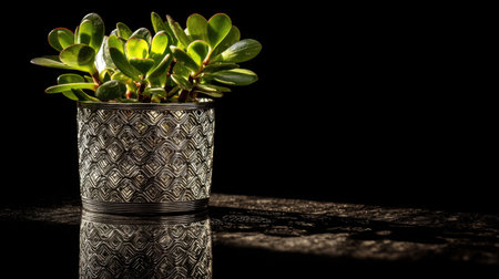 A serene indoor scene featuring a lush succulent in an ornate pot, casting captivating shadows and reflections against a dark backdrop, perfect for nature lovers.の素材