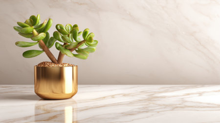 A serene scene featuring a modern succulent plant in a gold pot, elegantly placed on a glossy marble surface, perfect for adding a touch of nature to contemporary interiors.の素材