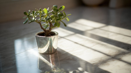 This image showcases a charming potted plant casting gentle shadows on a polished floor, enhancing indoor decor with its vibrant green leaves and tranquil presence.の素材