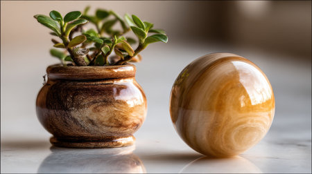 Explore the beauty of nature indoors with a stylish wooden pot housing a succulent, paired with a polished round ball, perfect for enhancing any interior space.の素材
