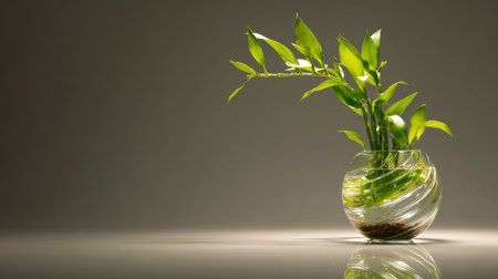A stunning bamboo plant in a glass vase creates a serene ambiance. The natural light enhances its vibrant green leaves, making it perfect for modern home decoration.の素材