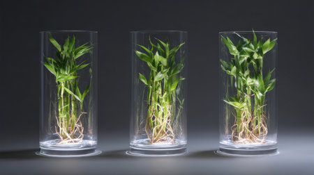 A captivating display of three transparent cylinders showcasing vibrant green plants with their roots exposed, symbolizing growth and harmony in a modern environment.の素材