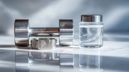 A striking arrangement featuring a silver dumbbell, a clear water bottle, and a fitness ring on a polished marble surface, symbolizing health, motivation, and an active lifestyle.の素材