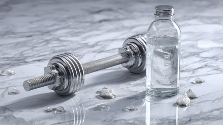 A silver dumbbell rests beside a clear bottle filled with ice water on a marble surface, representing the perfect combination of fitness and hydration in an active lifestyle.の素材