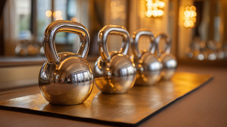 A visually striking arrangement of kettlebells made from polished metal, showcasing the harmonious blend of fitness and aesthetic design in a modern gym environment.の素材