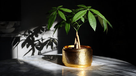 A vibrant indoor plant with radiant green leaves, casting intricate shadows on a marbled table, creating a serene ambiance in a stylish home interior.の素材
