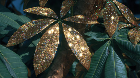 Discover the stunning contrast between glittering golden leaves and rich green foliage, creating an enchanting visual perfect for nature-themed designs and artistic projects.の素材