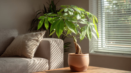 A peaceful living room scene showcasing a money tree plant basking in natural sunlight, radiating tranquility and adding a touch of nature to the indoor space.の素材