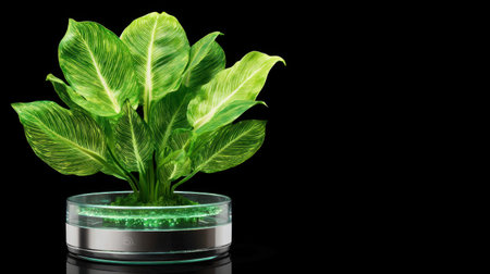 A stunning display of a potted plant featuring lush, vibrant leaves in a modern glass pot filled with decorative stones, perfect for enhancing any interior space.の素材