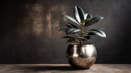 A serene indoor plant in a shiny silver pot, set against a dark textured backdrop, ideal for showcasing modern home decor and lifestyle themes.の素材