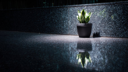 A calming and elegant indoor scene featuring a potted plant against a polished surface, highlighting the interplay of light, shadow, and nature's beauty.の素材