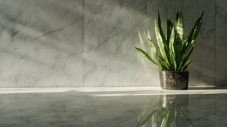 A vibrant indoor plant captures soft natural light, creating a serene atmosphere against a marble wall and reflecting surface, perfect for enhancing any space.の素材