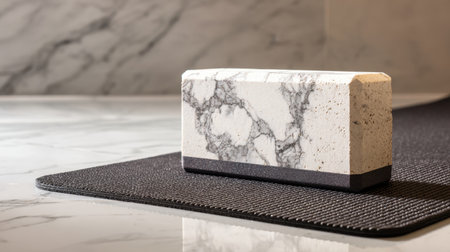 A pristine marble yoga block rests on a textured mat, illuminated by soft natural light, enhancing a tranquil space ideal for workouts and meditation practices.の素材