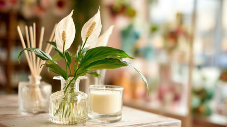 This image captures a serene arrangement featuring a peace lily in an elegant glass vase alongside aromatic candles, creating a calming indoor ambiance.の素材