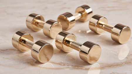 A stunning arrangement of gold dumbbells set on a smooth marble surface, representing luxury fitness equipment for active lifestyles and sophisticated workout environments.の素材