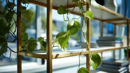 A stylish shelf adorned with lush green pothos plants brings a touch of nature indoors, creating a serene and inviting atmosphere in a modern setting.の素材