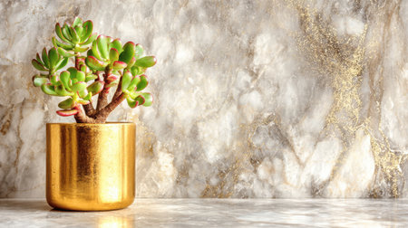 Eye-catching succulent in a shiny gold pot set against a luxurious marble background, perfect for adding a touch of elegance and freshness to any space.の素材
