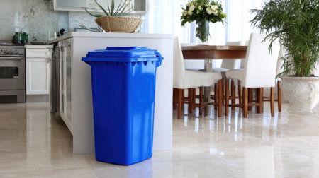 A vibrant blue recycling bin stands elegantly in a modern kitchen, showcasing a harmonious balance of style and sustainability in a contemporary living space.の素材