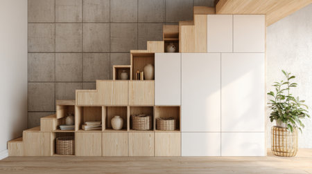 Bright and airy interior showcasing a wooden staircase integrated with storage solutions against a concrete wall, creating a harmonious and stylish living atmosphere.の素材